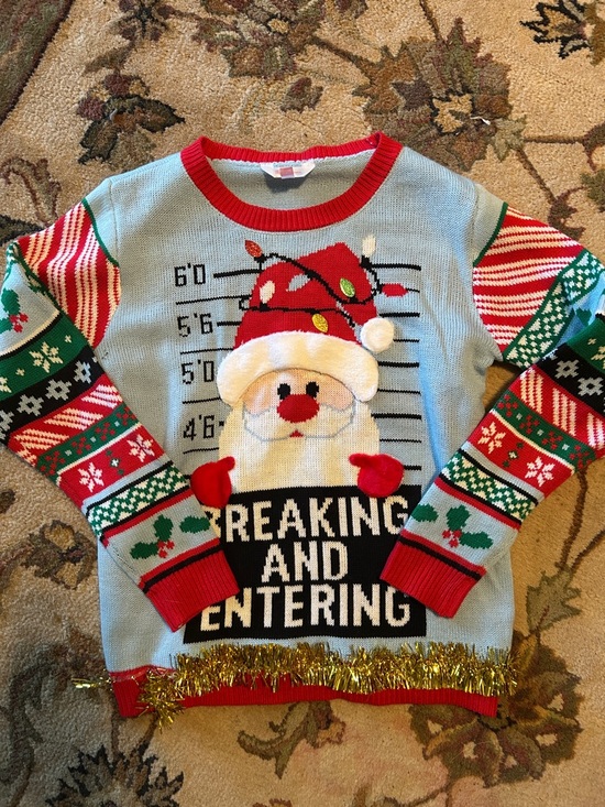 No Boundaries Sweaters - Women’s large Holiday Santa Mugshot Sweater -